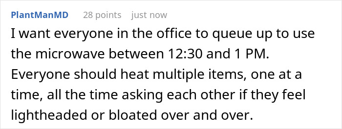 Office coworkers reserve microwave for dietary needs, coordinating use and checking on each other's health during lunch hour.