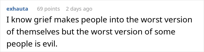 Comment text on a digital post expressing concern about grief and personal behavior, seeking legal advice on a potential lawsuit.