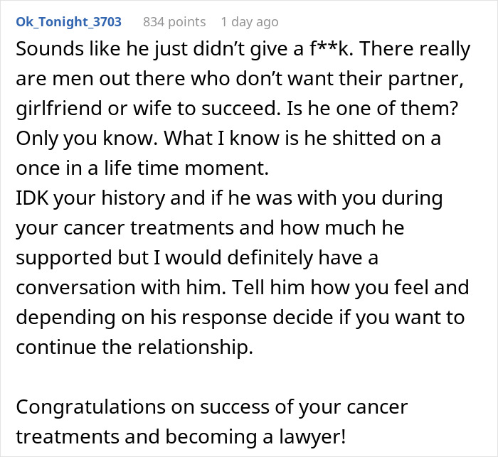 Comment from user Ok_Tonight_3703 discussing a boyfriend-attorney swearing moment and relationship advice.