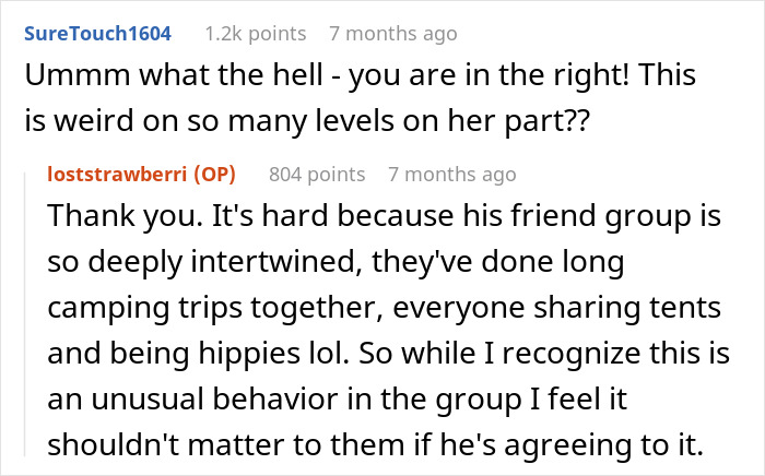 Screenshot of an online discussion where a woman is upset her friend&rsquo;s girlfriend won&rsquo;t let them sleep in the same bed.