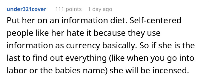 Comment discussing how a MIL uses information as currency, causing family tension over pregnancy announcement.