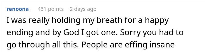 User comment expressing relief and sympathy after a legal case involving malicious compliance and landlord issues.