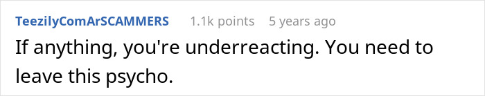 Comment text saying someone is underreacting and advises leaving a toxic partner, relating to guy feeding girlfriend slugs and pet snail.