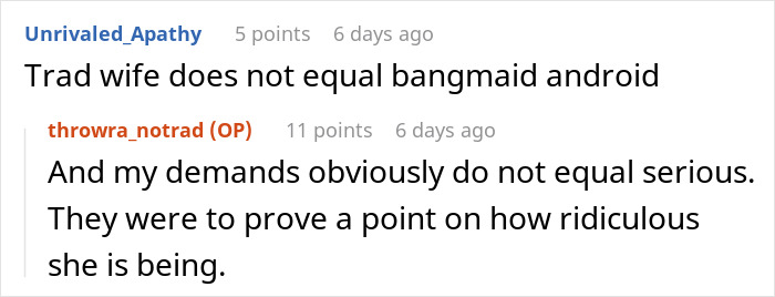 Screenshot of an online discussion about tradwife roles, with users debating expectations and demands.