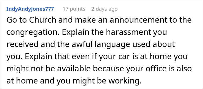 Comment from a freelancer explaining how to address an entitled church member demanding free work while working from home.