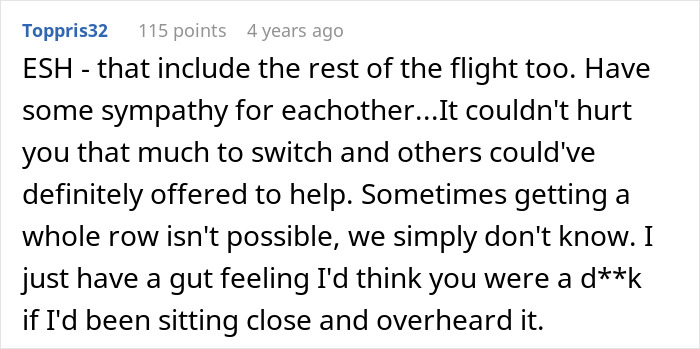Reddit comment discussing conflict over not switching seats with a mother on an airplane and ignoring her children.