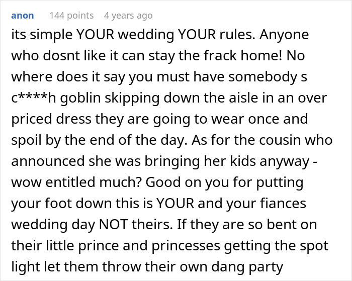 Comment about bride replacing kids with pets at wedding, emphasizing personal wedding rules and family reactions.