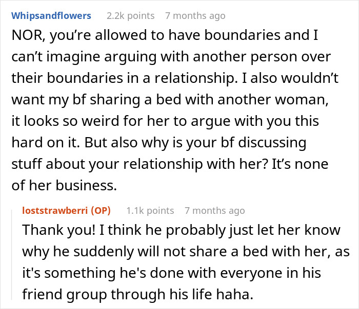 Online discussion about woman upset her friend&rsquo;s girlfriend won&rsquo;t let them sleep in the same bed, relationship boundaries debated.