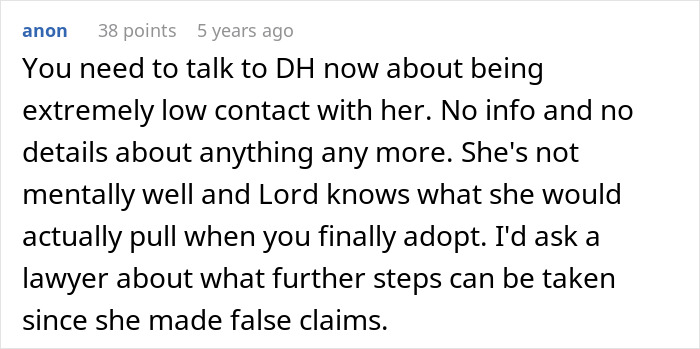 Screenshot of online advice discussing low contact and legal steps after mother-in-law called child protective services. Screenshot of online advice discussing low contact and legal steps after mother-in-law called child protective services.