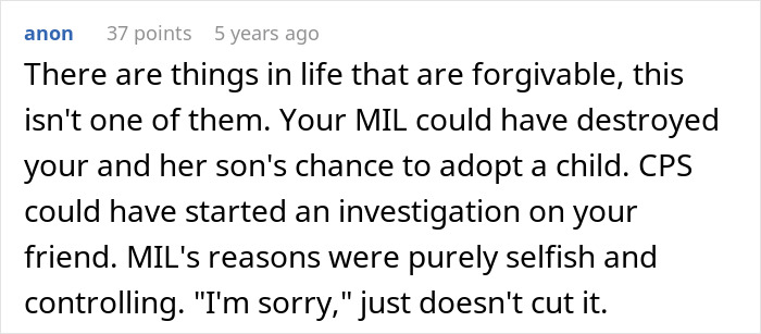 Comment criticizing a mother-in-law for calling Child Protective Services over selfish and controlling reasons. Comment criticizing a mother-in-law for calling Child Protective Services over selfish and controlling reasons.