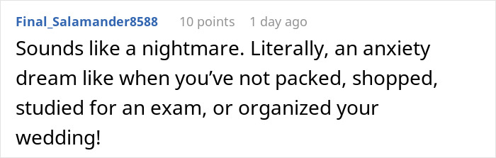 Comment describing a chaotic wedding experience, comparing it to a stressful Sims wedding scenario.
