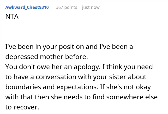 Screenshot of a Reddit comment discussing setting boundaries when a man lets sister and her kids move in.
