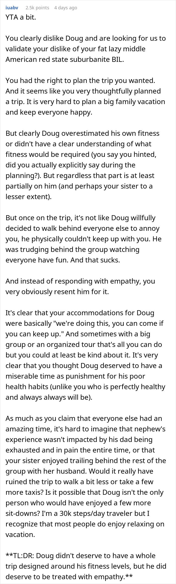 Text post discussing bil struggles on a China trip and challenges with fitness levels during family vacation.