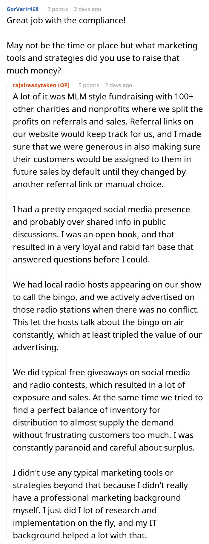 Online discussion about nonprofit employee accused of fudging hours and fundraising strategies shared by user.