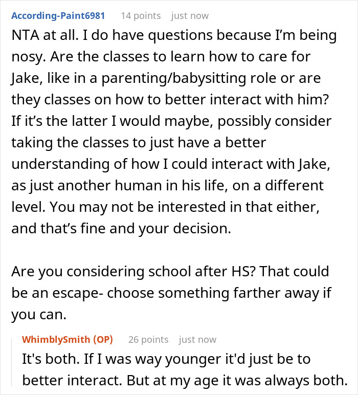 Reddit user discusses fears of being set up to babysit autistic stepbrother and refusal to take related classes. Reddit user discusses fears of being set up to babysit autistic stepbrother and refusal to take related classes.