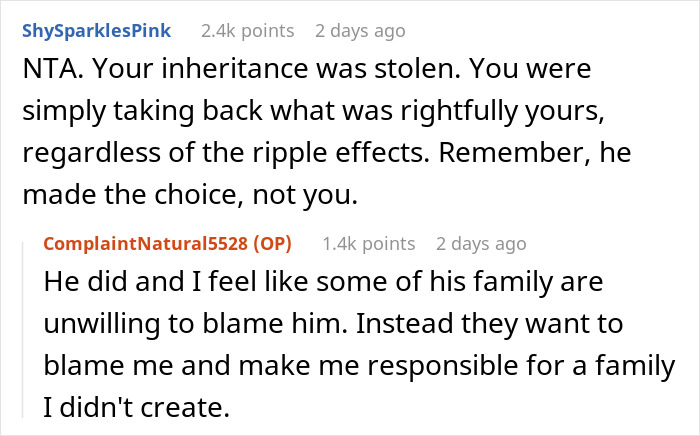 Reddit comments discussing a woman taking her dad to court over a stolen $100K inheritance dispute.