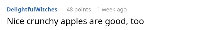 User commenting on crunchy apples in an online discussion about boss demanding meetings during lunch breaks. User commenting on crunchy apples in an online discussion about boss demanding meetings during lunch breaks.