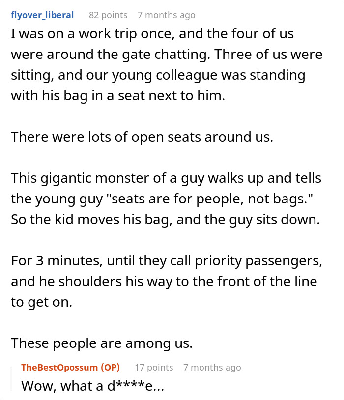 Reddit post discussing standing until the final destination and removing your stuff near airport gate seating.