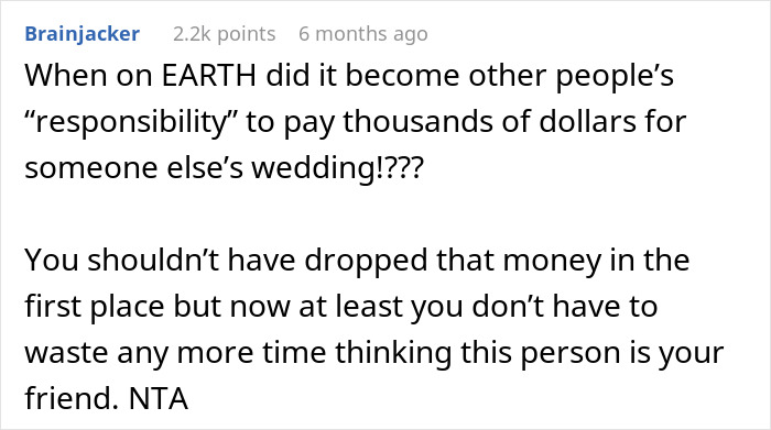 Commenter discussing maid of honor demands thousands back after bride excludes her due to pregnancy weight in online forum. Commenter discussing maid of honor demands thousands back after bride excludes her due to pregnancy weight in online forum.