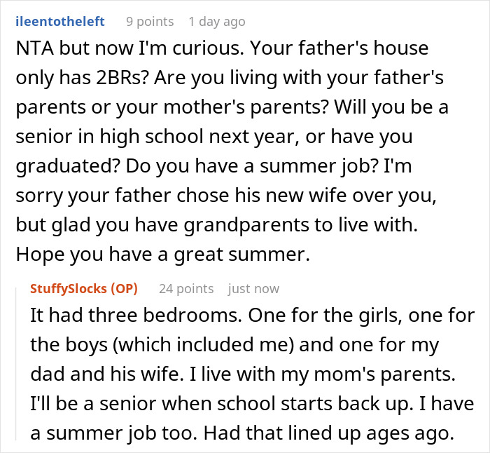 Reddit conversation about a teen refusing to join a blended family while stepmom expects babysitting duties.
