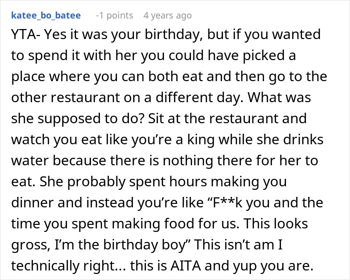 Reddit comment discussing refusing to eat vegan meal prepared for girlfriend’s birthday, expressing frustration and disappointment. Reddit comment discussing refusing to eat vegan meal prepared for girlfriend’s birthday, expressing frustration and disappointment.