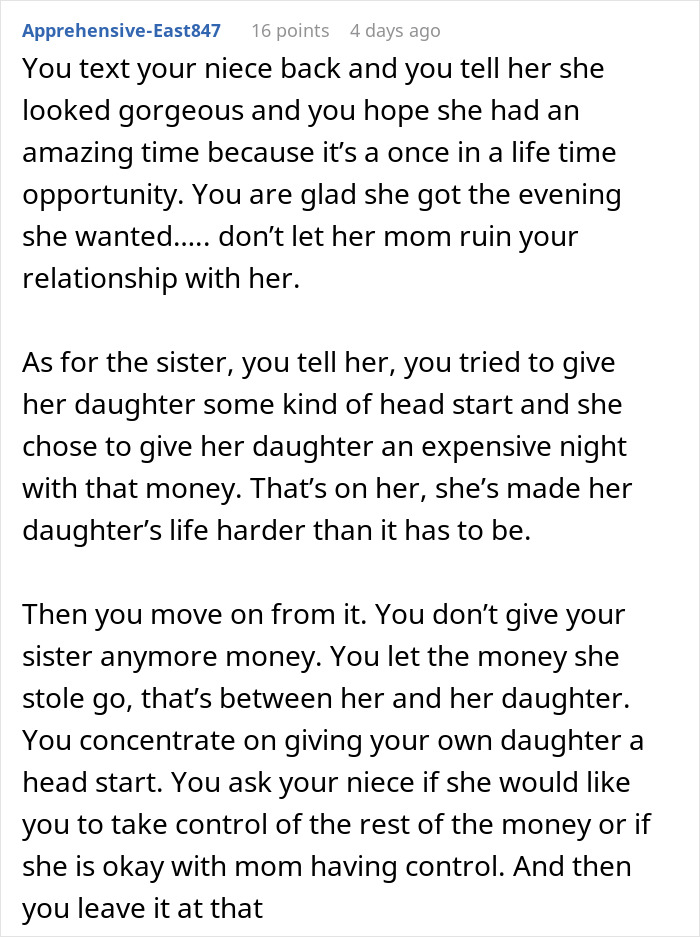 Text conversation about a woman discovering niece's college fund was used for prom without permission. Text conversation about a woman discovering niece's college fund was used for prom without permission.