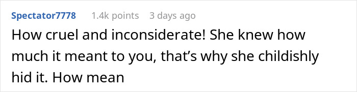 Screenshot of a user comment reacting to a woman learning her sister&rsquo;s friends drank her irreplaceable champagne.