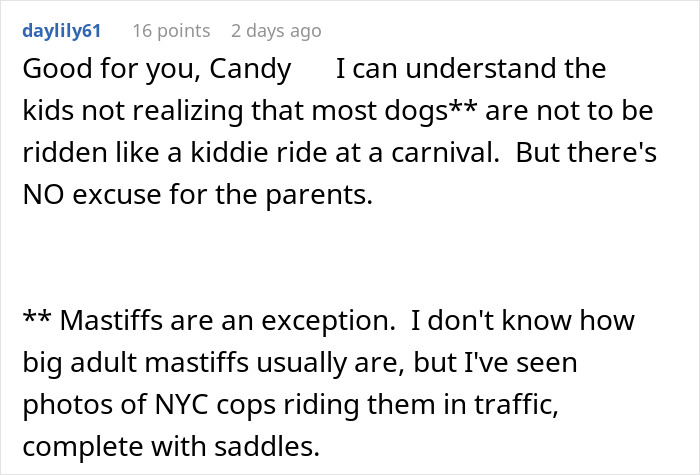 Comment discussing parents throwing a tantrum when kids are not allowed to ride a dog, mentioning dog safety.