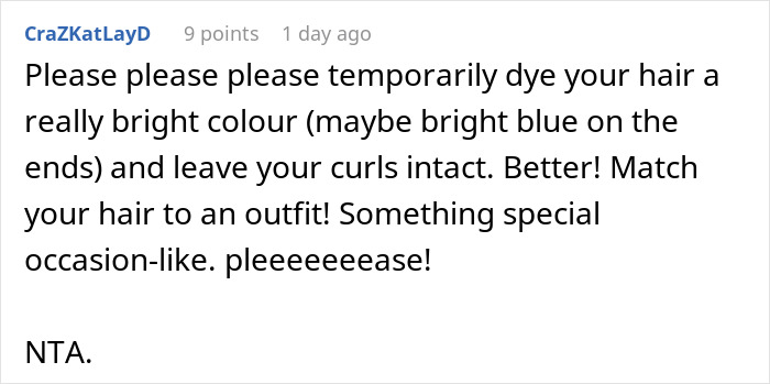 Comment suggesting temporarily dyeing hair bright blue on the ends and keeping curls for a special occasion party.