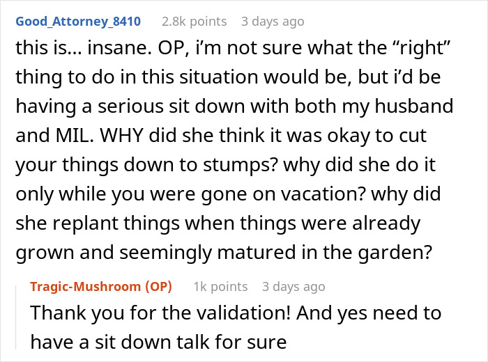 Text conversation about a woman returning from vacation to find her mother-in-law landscaped her garden without permission.