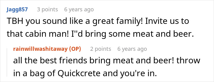 Screenshot of a Reddit conversation about inviting friends to a cabin and bringing meat, beer, and Quickcrete.