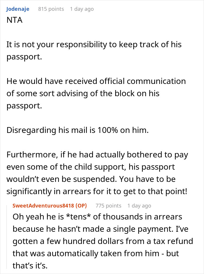 Discussion on woman not warning deadbeat ex about passport revocation leaving him stranded at airport over child support arrears.