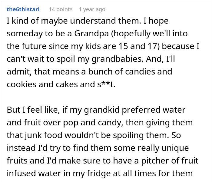 Comment discussing boomer relatives spoiling grandkids with candies and soda, affecting kids' healthy habits.