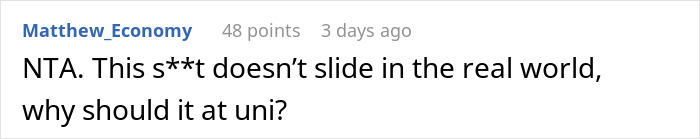 Screenshot of online comment discussing consequences for woman at risk of not graduating after failing to contribute to shared thesis.