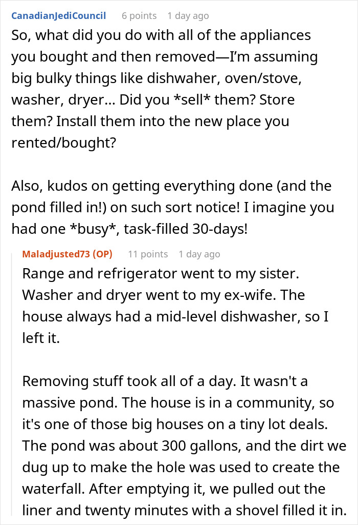 Screenshot of an online discussion about removing appliances and complying with a landlord during a house move.