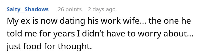 ALT text: Reddit comment about relationship concerns highlighting the issue of refusing to let work husband join family vacation.