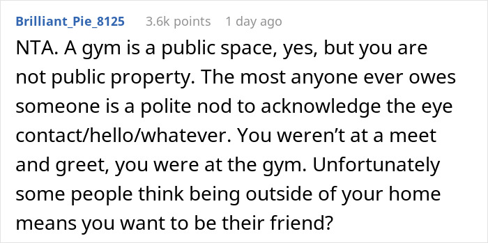 Comment discussing gym boundary expectations, emphasizing respect and that gym is not for making friends or meet and greets.