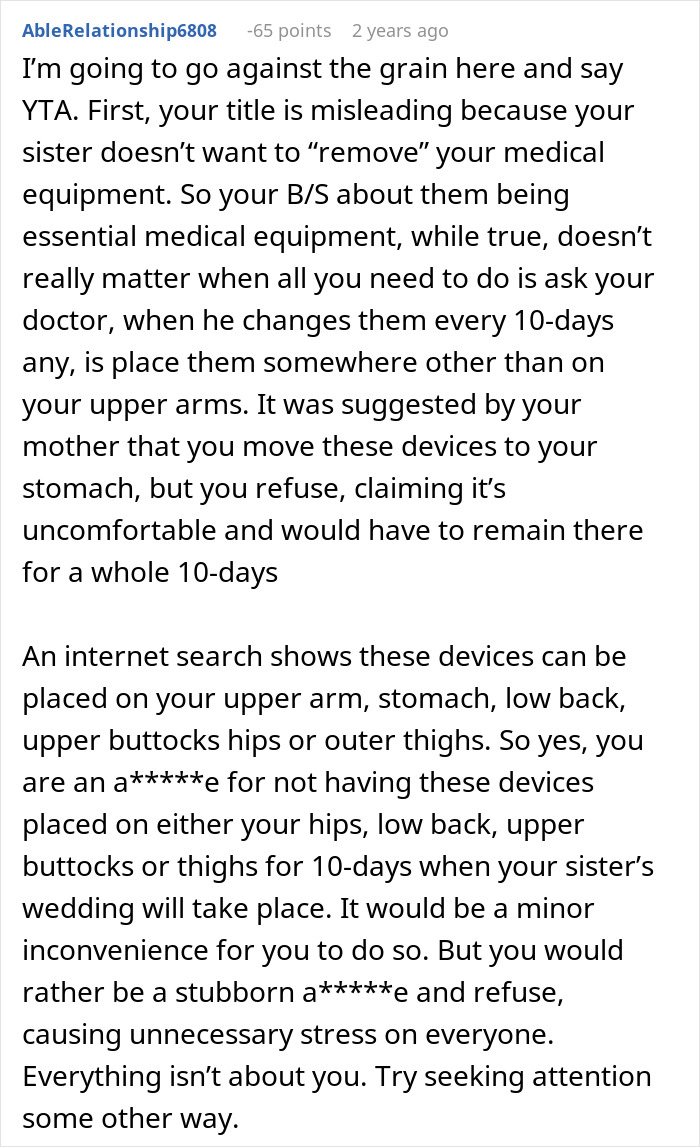 Comment discussing woman refusing to risk health for sister&rsquo;s wedding photo aesthetic, upsetting family tensions online.