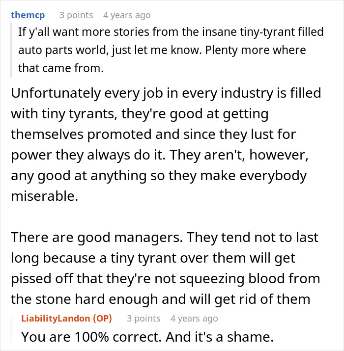 Comment about tiny tyrants in the workplace discussing being told to stop being late and stick to schedule.