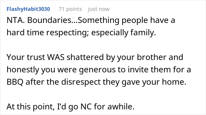 Text message conversation discussing family disrespect and boundaries after bro and his family broke into a home to use the pool.