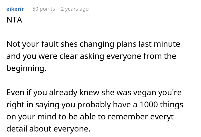 Screenshot of a Reddit comment explaining why the bride won’t change the menu for her vegan sister-in-law. Screenshot of a Reddit comment explaining why the bride won’t change the menu for her vegan sister-in-law.
