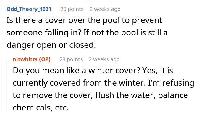 Screenshot of a forum discussion about man ignoring partner's request to make fence around pool for kids' safety.