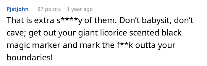 Comment on pediatrician refusing to play nanny during family getaway, with SIL reacting angrily over wine and baby bottles.