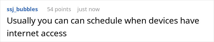 Screenshot of a social media comment discussing scheduling internet access during gaming marathons and WiFi control.