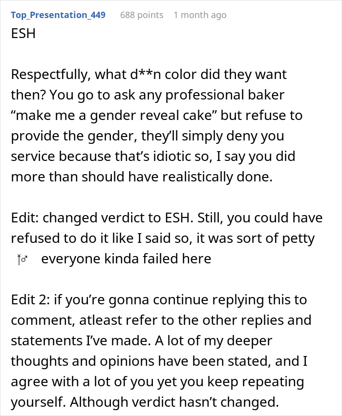 Comment discussing the gray cake at gender reveal party and blaming pregnant sister, highlighting the event's controversy.