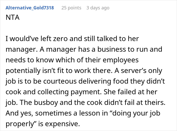 User comment on tipping etiquette and restaurant service, discussing responsibility and tipping 83 cents as a lesson in proper job performance.