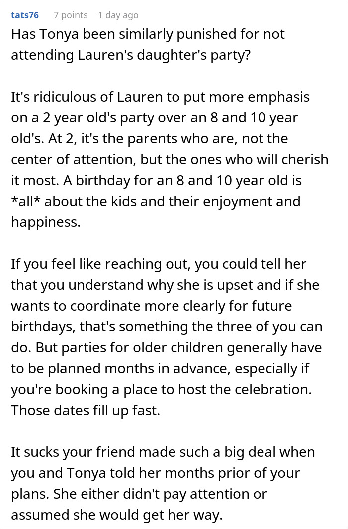 Screenshot of an online comment discussing a friend wanting to cancel a kid&rsquo;s party to attend another kid&rsquo;s party.