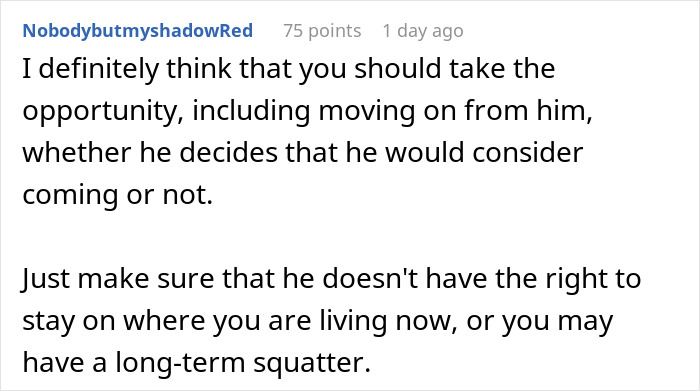 Comment discussing advice on moving and the implications of a woman moving Alaska alone for a fresh start.