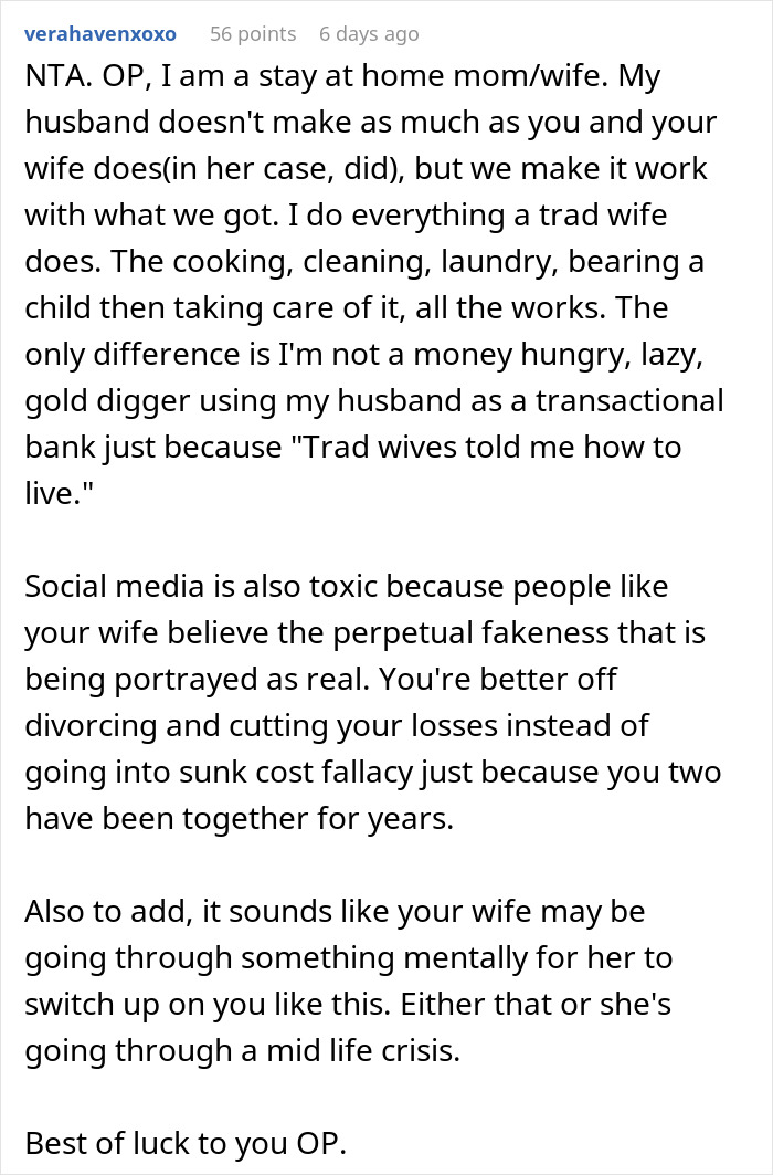 Alt text: Reddit comment discussing tradwife lifestyle, marriage challenges, and mental health advice in a stay-at-home wife context
