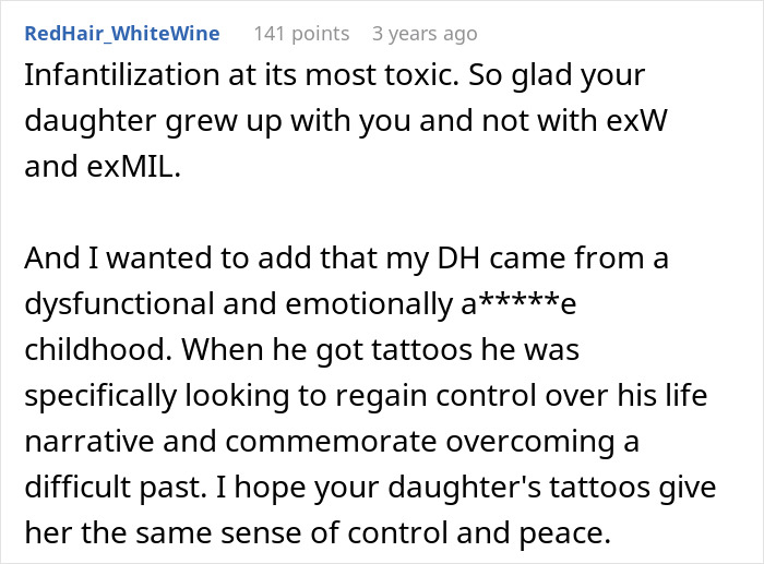 Comment discussing emotional control and the impact of tattoos in context of woman accusing ex-husband of forcing tattoo.